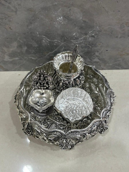 silver plated antique finish pooja thali urli set for diwali/ housewarming/ gift item/ home décor